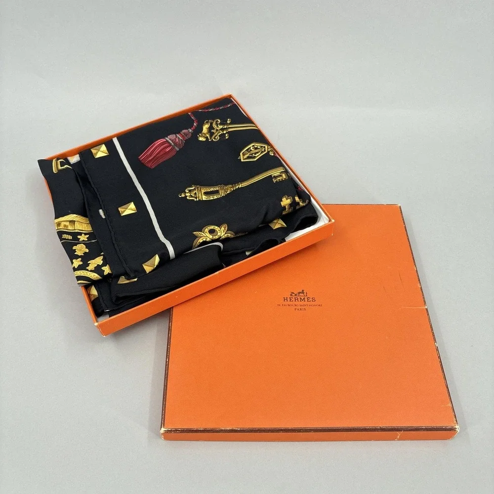 Hermes Scarf Silk Black Gold the Keys Print Square Les Kles 90 Carre France